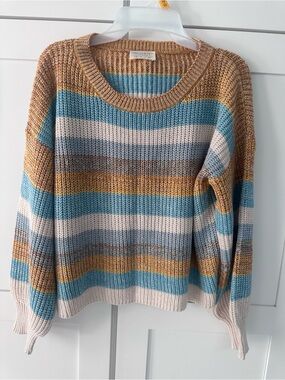 Striped Scoopneck Sweater in Blue, Cream & Tan, oversized